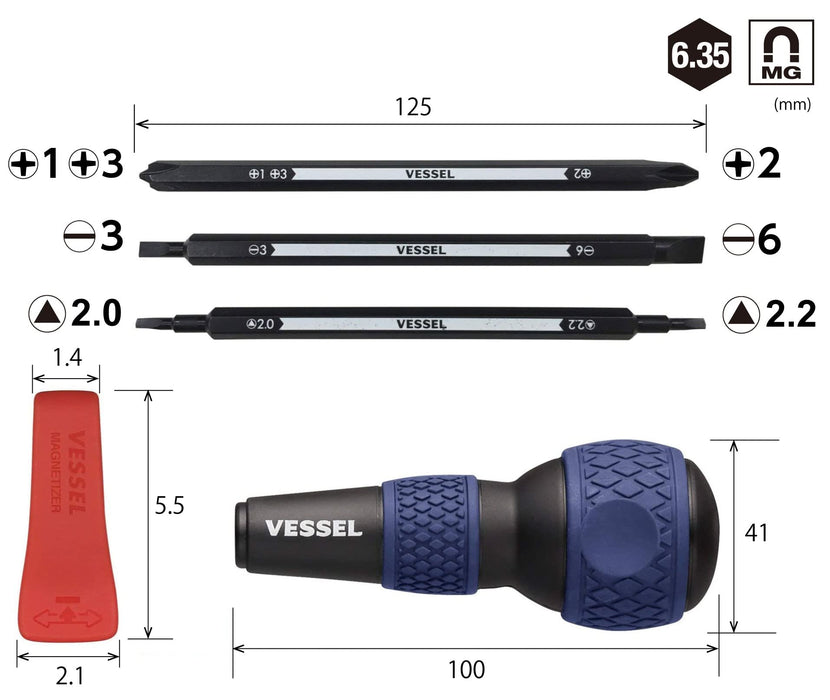 Vessel 220W-BC3B 多功能螺丝刀 7 合 1 球形手柄 蓝色 - 适合家庭使用