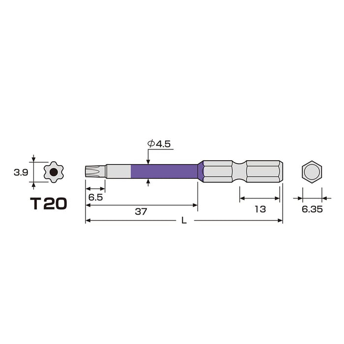 Anex T20X65 單頭六角工具 - 附孔彩色鑽頭 ACTX-2065