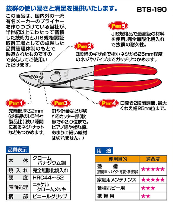 Igarashi Plyer Ultra Thin Bent Nose 190mm Made in Japan Tsubame Sanjo