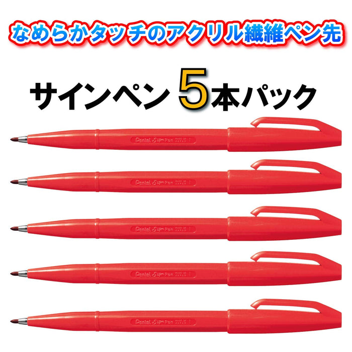 Pentel Felt-Tip Pen Pack of 5 in Vibrant Red Model XS520BD5