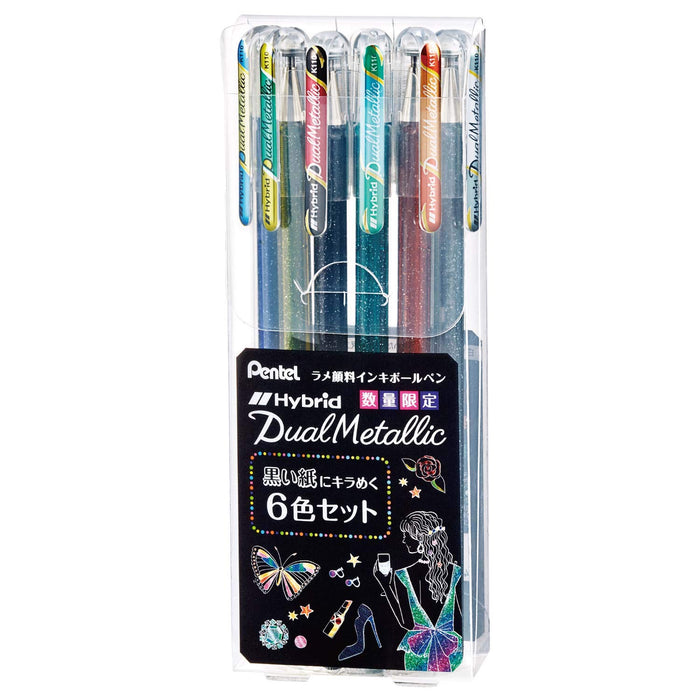 Pentel Dual Metallic K110-6Stb Lamé Ballpoint Pen Set 6 Sparkling Colors on Black Paper