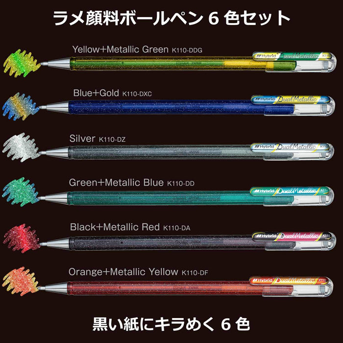 Pentel Dual Metallic K110-6Stb Lamé Ballpoint Pen Set 6 Sparkling Colors on Black Paper