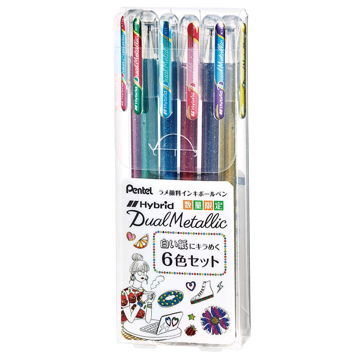 Pentel Dual Metallic 6-Color Set Sparkling Lame Ballpoint Pen K110-6Sta