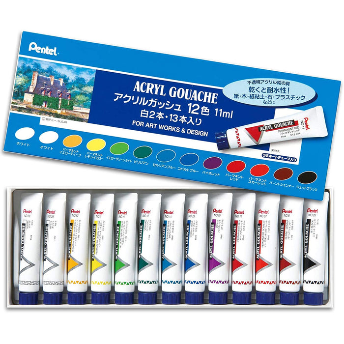 Pentel Acrylic Gouache Paint Set 12 Colors Including 2 White Wxr-12