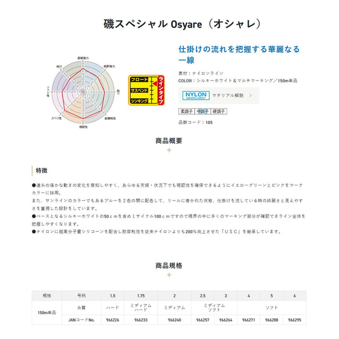 Sunline Iso Special Osyare 150M 4 号丝滑白色多标记钓鱼线