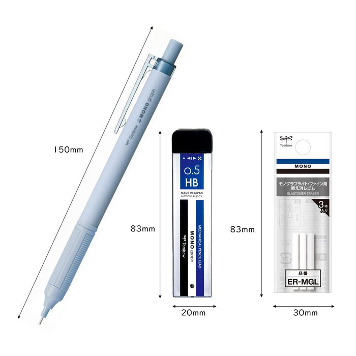 Tombow Monograph Light 自动铅笔套装灰蓝色 0.5 毫米带替换橡皮擦和削笔芯