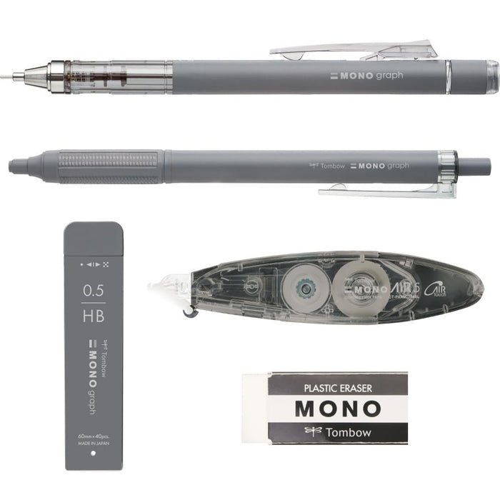 Tombow Mono Grayscale Stationery Set | Dark Gray 5-Piece Mechanical Pencil Lead Eraser Pen Correction Tape