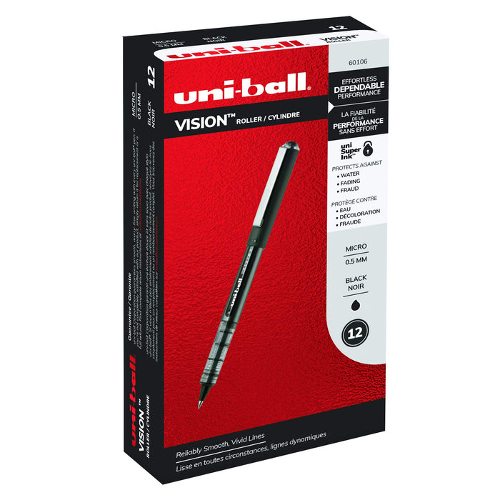 Mitsubishi Pencil Uni-Ball Vision Micro Black Ink Waterproof Rollerball Pen Pack of 12