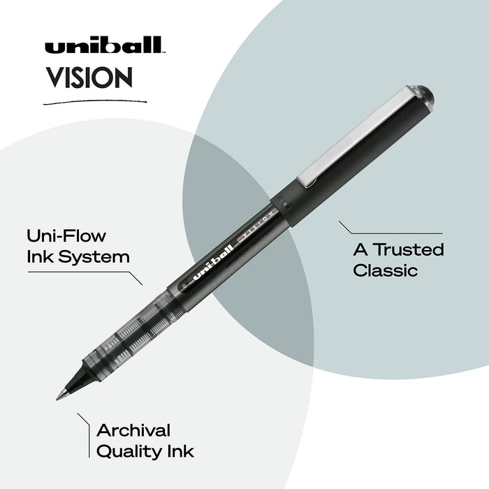 Mitsubishi Pencil Uni-Ball Vision Micro Black Ink Waterproof Rollerball Pen Pack of 12