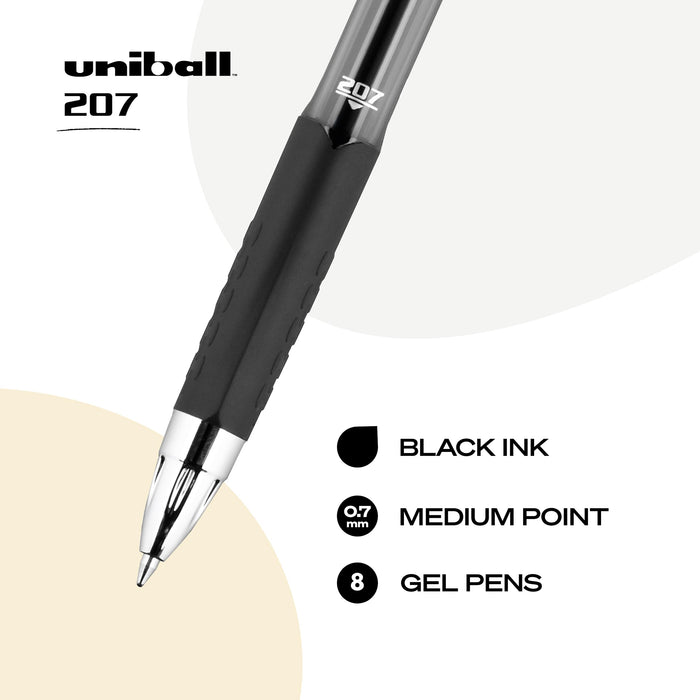 三菱铅笔 Uni-Ball 207 可伸缩黑色凝胶笔 中号笔尖 0.7 毫米 8 支