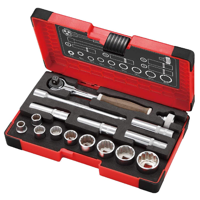 Vessel 16-Piece 3/8 Inch Sq Swivel Socket Wrench Set - HRW3005MSW - Non-Slip Wood Handle