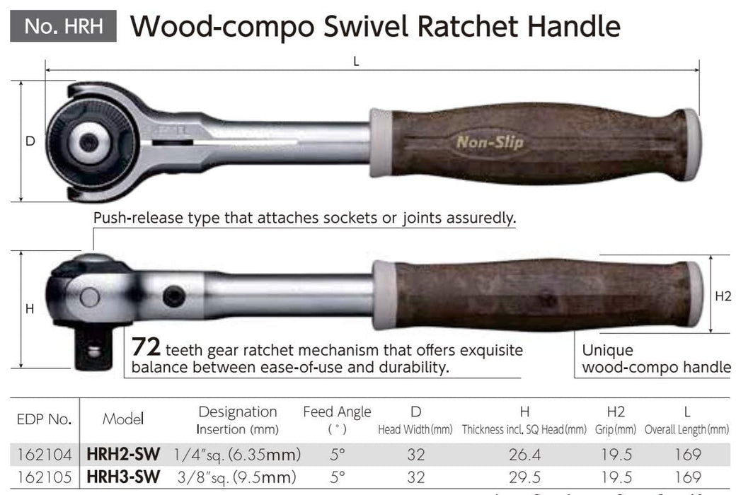 Vessel 16-Piece 3/8 Inch Sq Swivel Socket Wrench Set - HRW3005MSW - Non-Slip Wood Handle