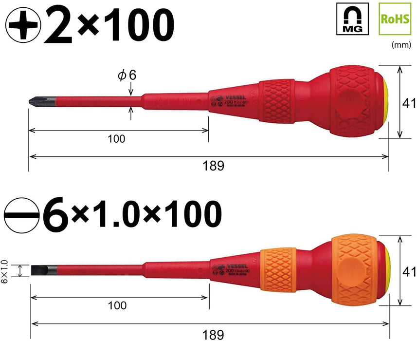 Vessel 202Ps-1 Ball Grip Insulated Screwdriver Set of 2 +2 x 100 / -6 x 100