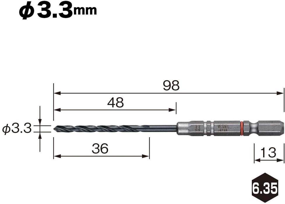 Vessel AMD6P-3.3 Cushion Drill Set of 6 for Ironwork 3.3mm Metalwork Drill Bit - Red Ring