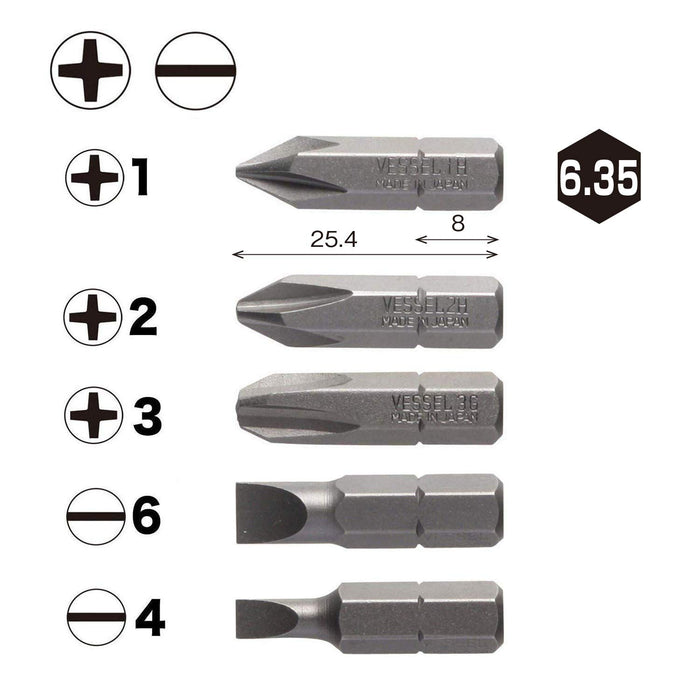 Vessel Driver Bit Set B33 with +1 +2 +3 -4 -6 Sizes and Holder