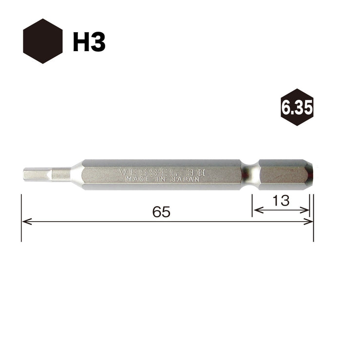 Vessel Hex Bit 3x65mm - Compact Size SM16H030 by Vessel