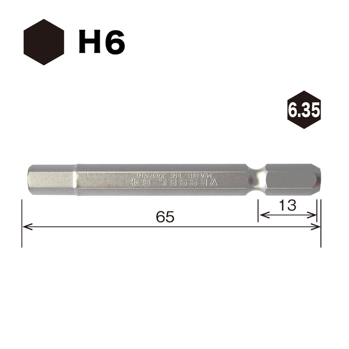 Vessel Brand Hex Bit Width Across Flats 6x65mm Model SM16H060