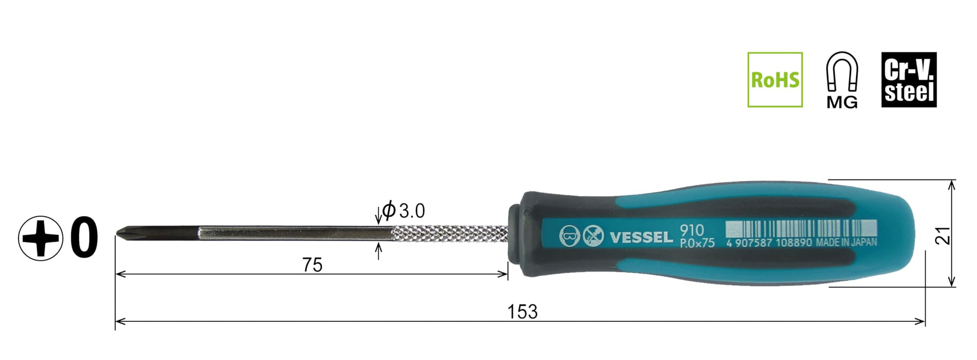 Vessel Megadora 細軸驅動器 910 - 高品質 +0x75 工具