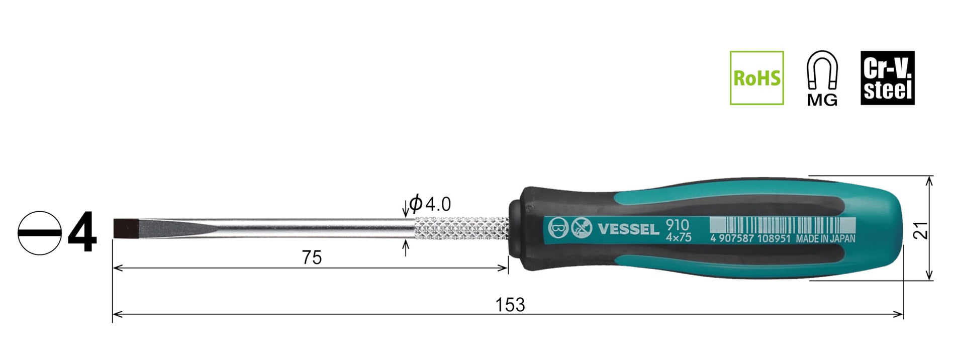 Vessel Megadora 精细轴驱动器 - 尺寸 4x75 型号 910