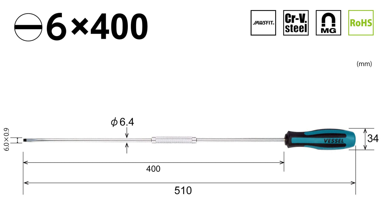 Vessel Megadora Extra Long Regular Driver - 400mm 6mm Size - Vessel 900 Series