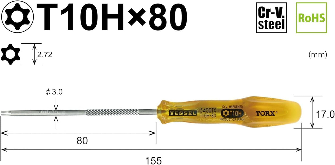 Vessel Power Grip T10H Torx Screwdriver - 80mm Tamper-Proof - B-5400Tx Model