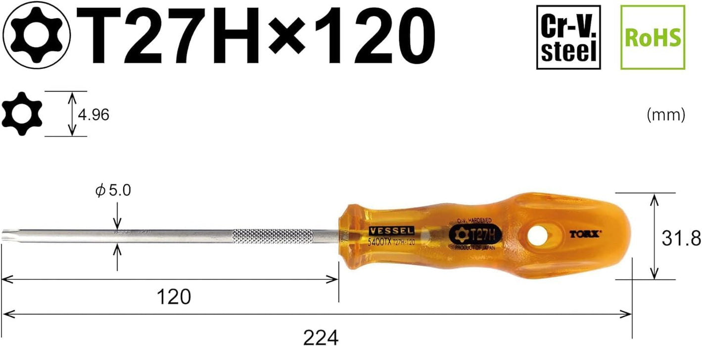 Vessel Power Grip T27H Torx Screwdriver 120mm Tamper-Proof B-5400Tx Series