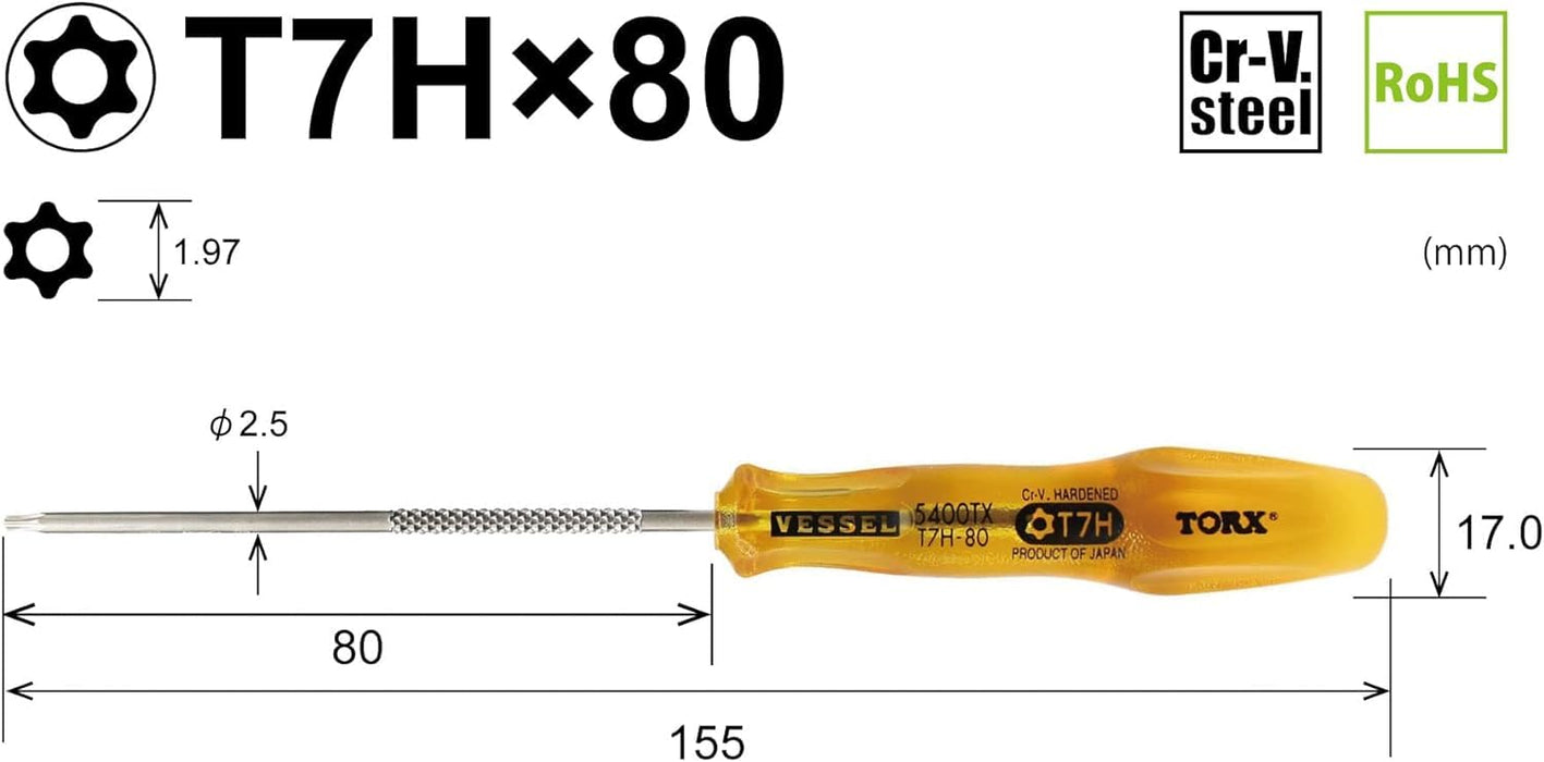 Vessel Power Grip T7H 80mm Torx Screwdriver Tamper-Proof B-5400Tx Series