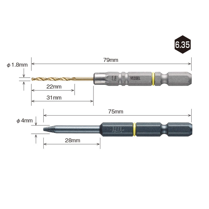 Vessel Nej-4 Slim Slick M3-M4 螺絲拆卸鑽頭，用於壓碎螺絲