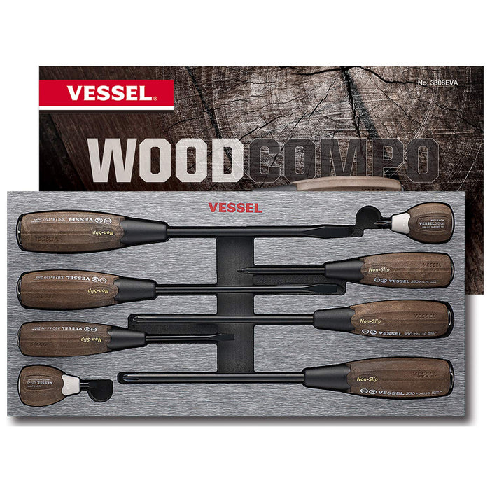 Vessel 8pc Wood-Compo Non-Slip Tang-Thru Screwdriver Set 3308Eva