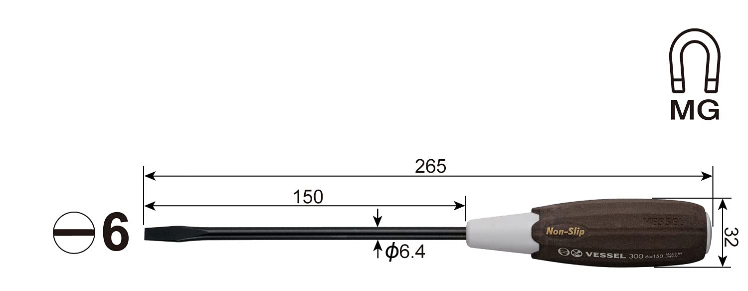 Vessel Woody 螺絲起子 6x150 - 優質防滑手把 Vessel 300 系列