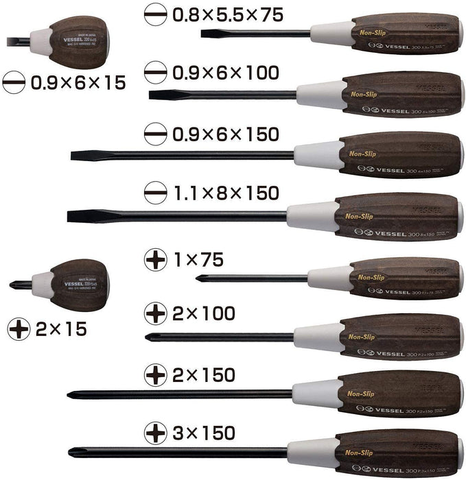 Vessel Woody Driver Set of 10 with Non-Slip Grip and Case - Model 3010Ps