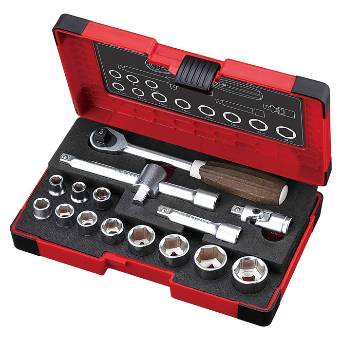 Vessel Woody 16Pcs Socket Wrench Set 3/8 Inch Drive (9.5mm) - HRW3002M-W