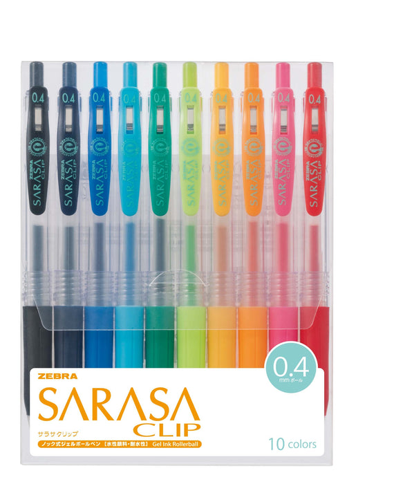 Zebra Sarasa Clip Gel Ballpoint Pens 0.4 Fine Point 10 Variety Colors Pack