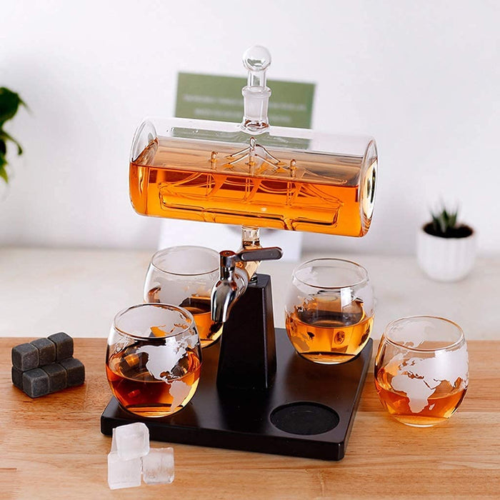 Dtkmkj 1000Ml Whiskey Carafe Set with 4 Lead-Free Glasses & Wooden Stand - Made In Japan