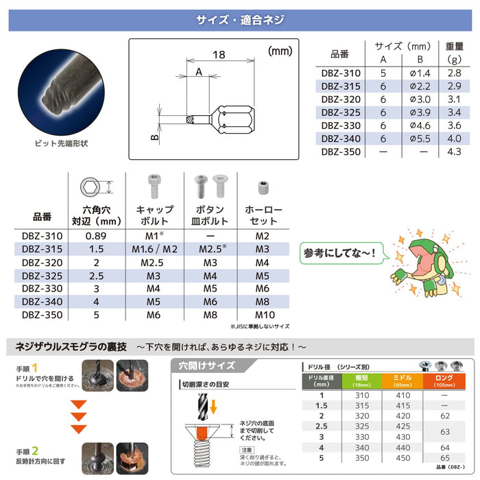 Engineer Nejisaurus Mogura DBZ-325 Ultra Short Bit Set 2.5mm Hex Hole Opposite Side