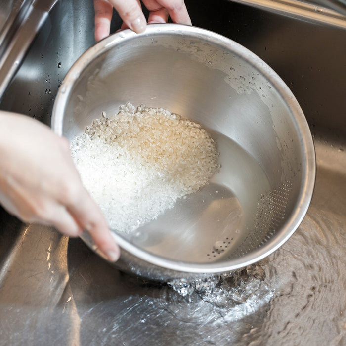 Fujii Japan Stainless Steel Rice Washing Bowl with 3-Way Strainer - 23.5cm