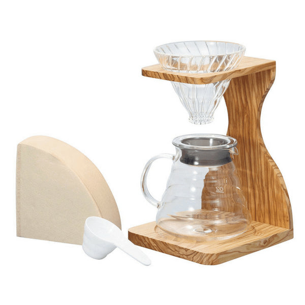 Hario V60 橄欖木支架和耐熱玻璃咖啡伺服器 02 套裝 - 高品質咖啡沖泡套裝