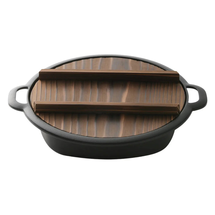 Iwachu Nambu Cast Iron Sukiyaki & Gyoza Pan with Wooden Lid - Authentic Japanese Cookware