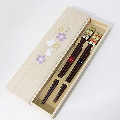 Japanese Paulownia Box with Raku Rabbit Chopsticks - Wooden Gift for Respect, Marriage, and 60th Birthday