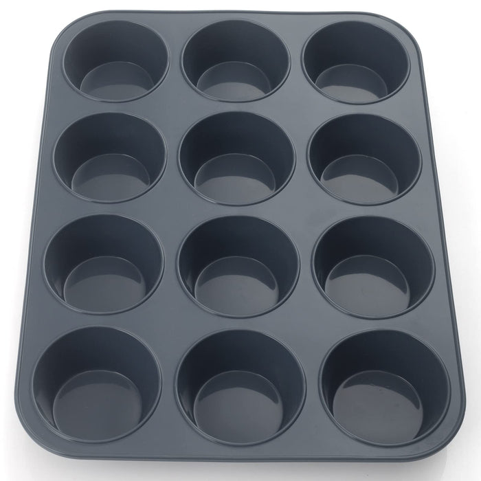 Super Kitchen 12-Cavity Large Non-Stick Silicone Muffin Mold Pan - Easy To Clean Gray