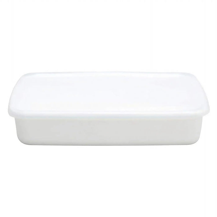 Noda Horo White Enamel Rectangle Shallow Food Containers - Large Size with Lid