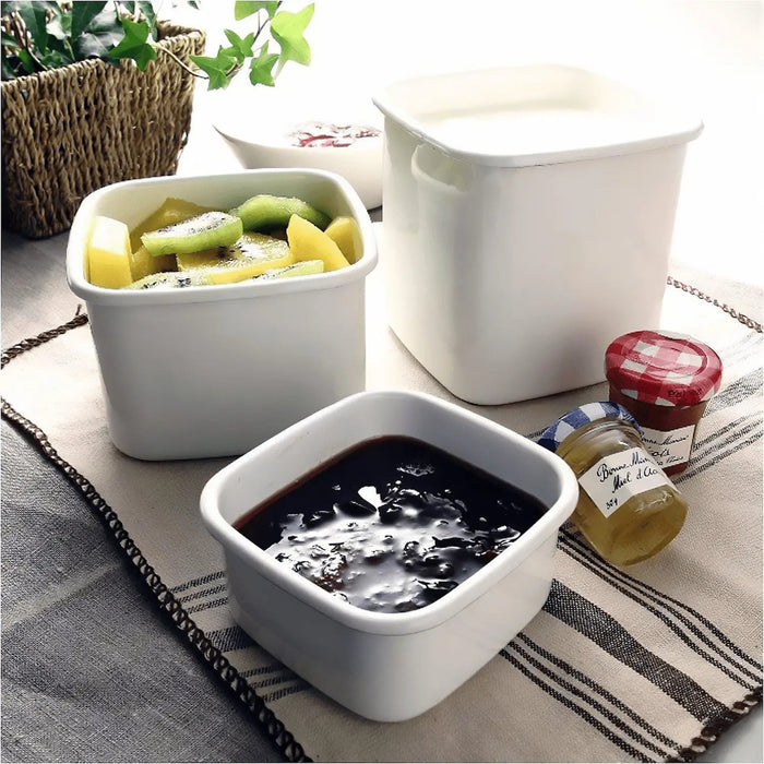 Premium Enamel Square Food Containers With Lid - Noda Horo White Series