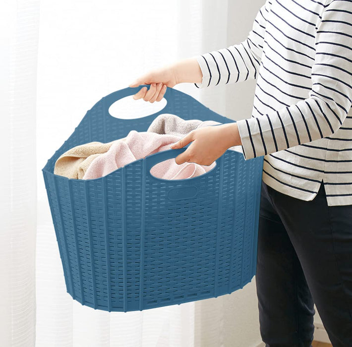 Seiei Japan Blue Rattan Style Laundry Basket - Compact Storage