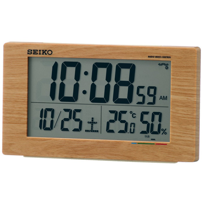 Seiko Clock Digital Alarm Table Clock with Radio Wave, Calendar, Temp & Humidity Display - Light Brown Wood Grain Sq784A