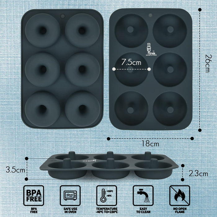 Super Kitchen Donut Mold - 6 Pcs Silicone Cake Molds, Heat Resistant, Non-Stick, Easy to Clean - Japan (1 Piece Dark Gray)