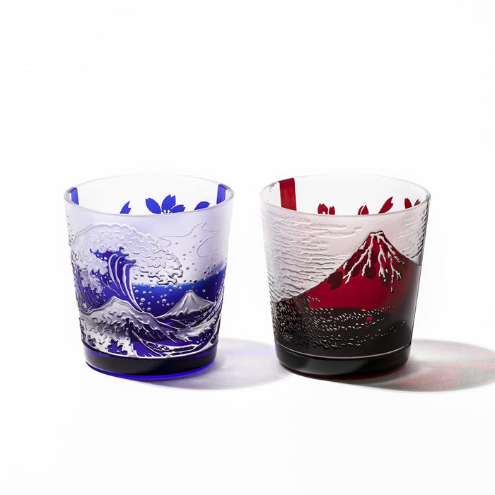 Taburō Koubou Edo Glass Red Fuji Nami Fuji Sakura Cup Pair Japan - Tb022-204R_206B