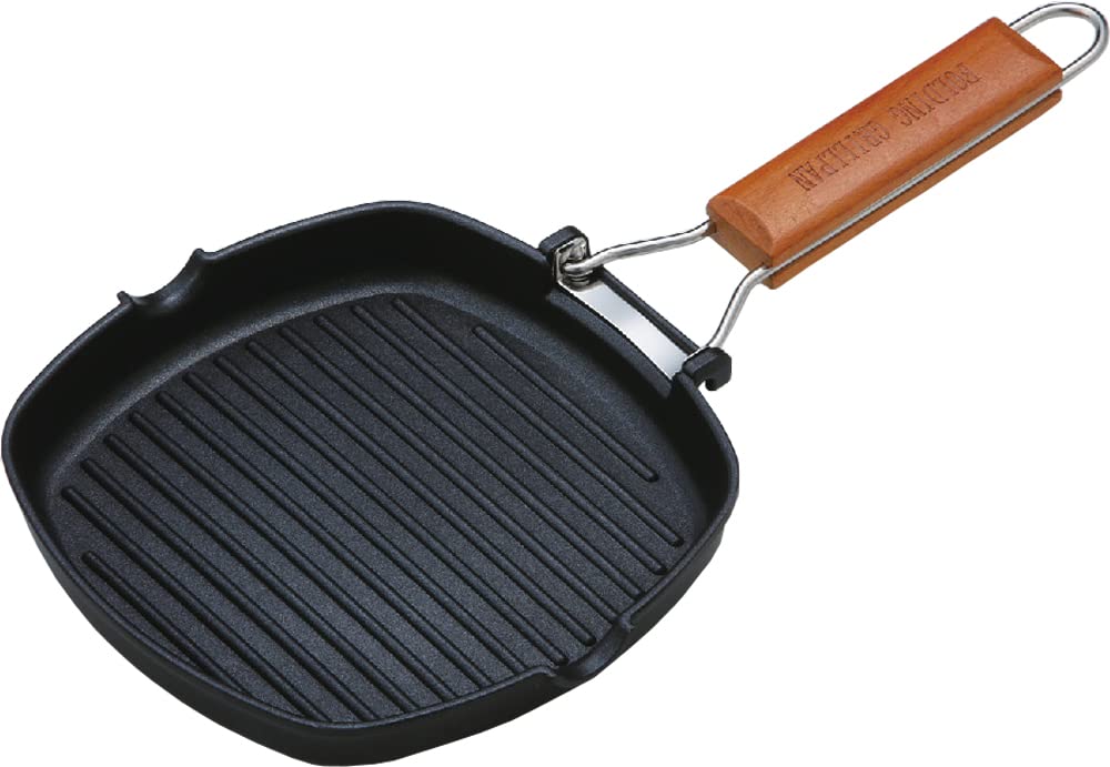 Taniguchi-Metal Grill Pan 20x20cm IH Compatible with Natural Wood Handle - Japan Fluorine Coating