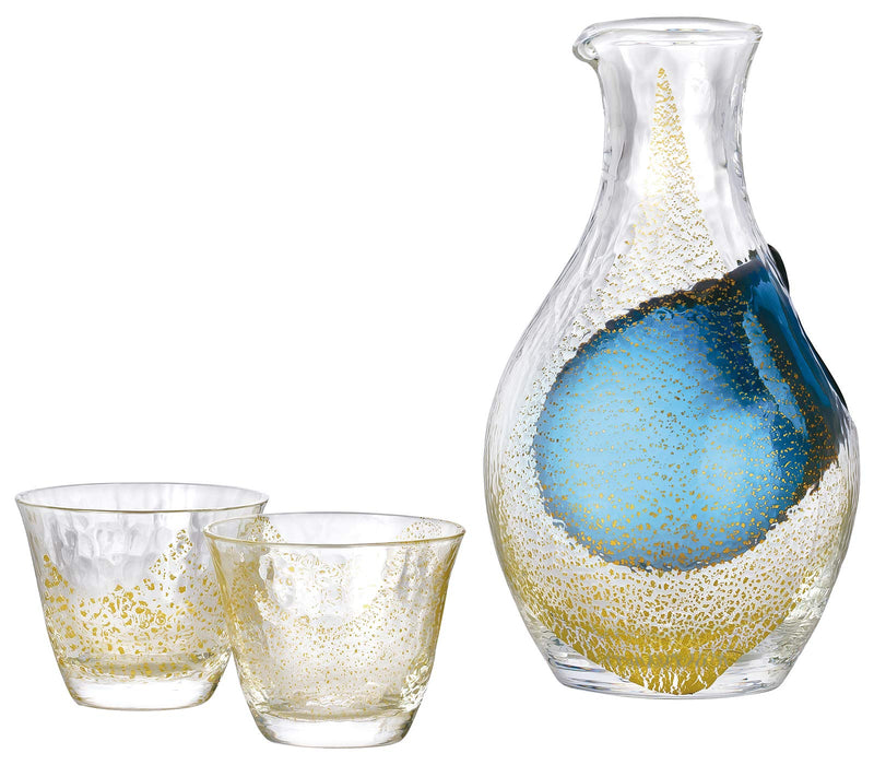 Toyo Sasaki Glass Gold Leaf Sake Set - Made in Japan, 3-Piece Carafe and Glasses