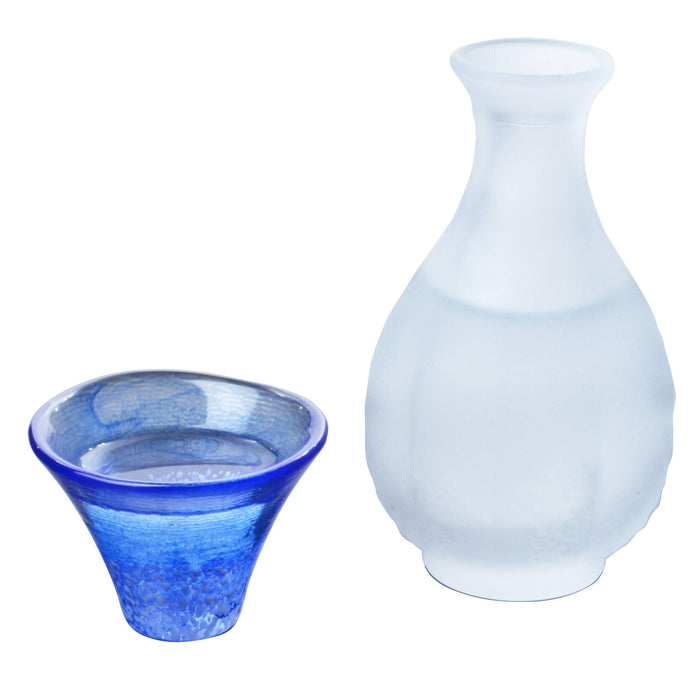 Toyo Sasaki Glass Sake Set - White & Blue Cups - Japan - 2Pcs 35Ml & 175Ml