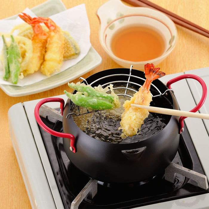 Compact Baked Paint Tempura Pot for Deep Frying - IH Compatible, Iron Net - Black Japan